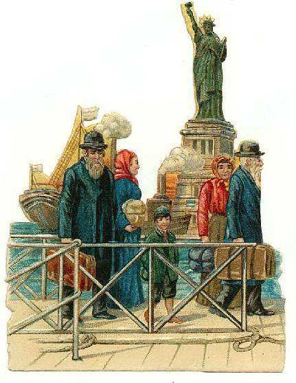 Vintage drawing of immigrant families coming ashore in front of the Statue of Liberty.